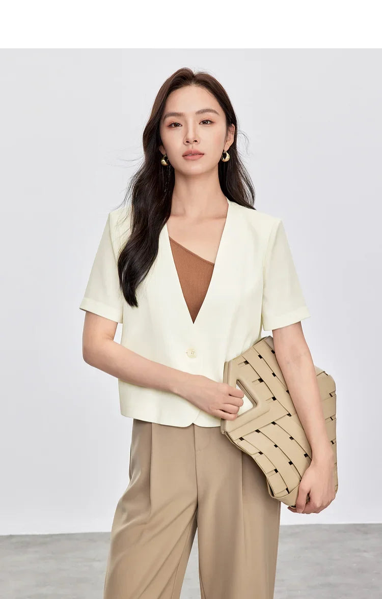 Solid Color Women's Jackets 2026 New Formal Cropped V Neck Single Button Short Sleeve Commuting Outerwear 152X87886