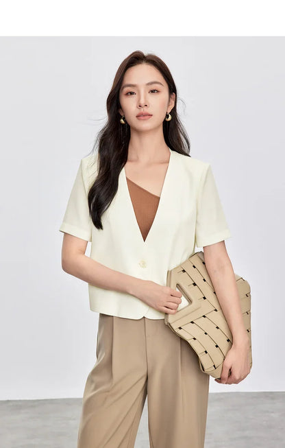 Solid Color Women's Jackets 2026 New Formal Cropped V Neck Single Button Short Sleeve Commuting Outerwear 152X87886