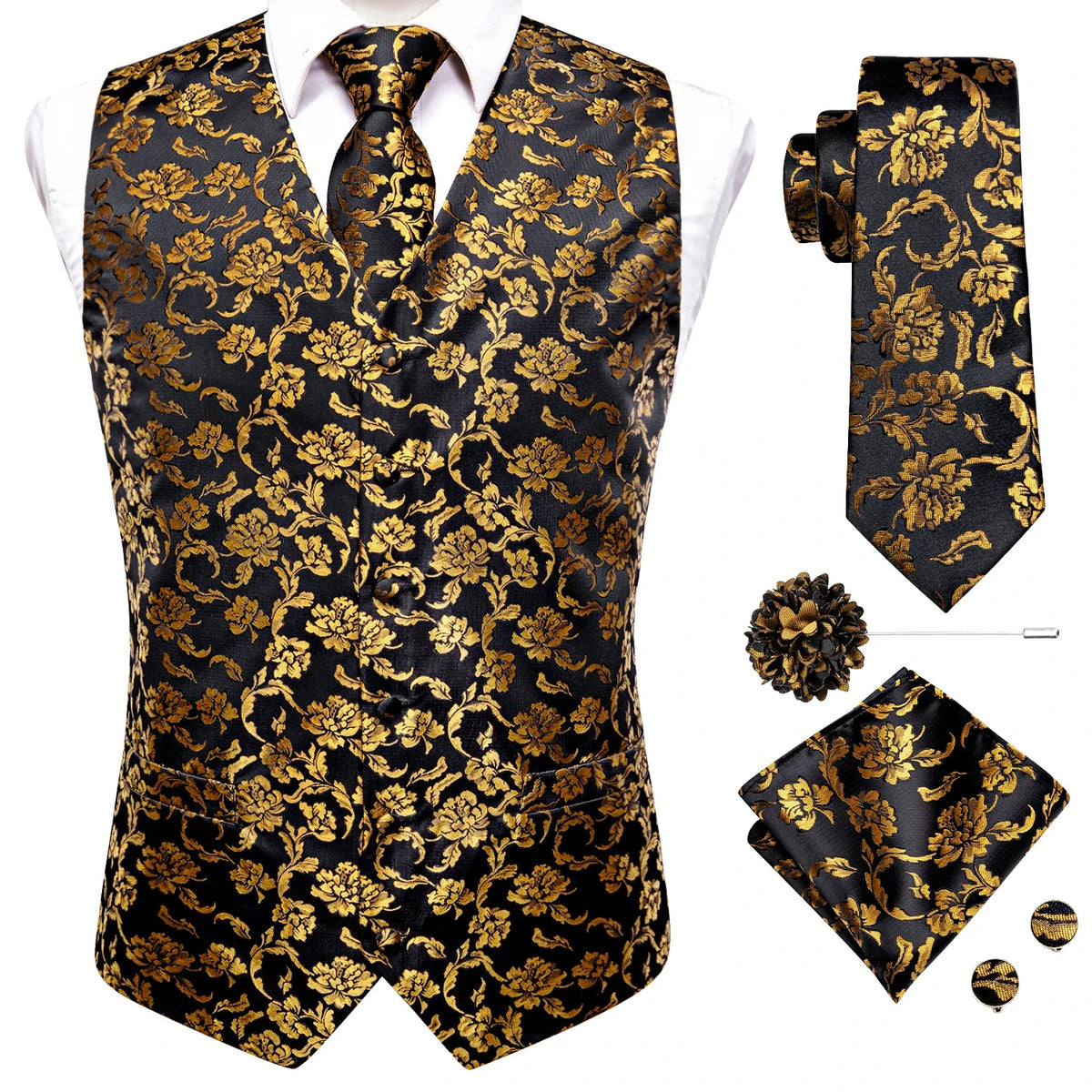 Men's Jacquard Waistcoat Suit Vest with Tie Hanky Cufflinks Brooch Set for Weddings and Business Events