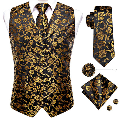 Men's Jacquard Waistcoat Suit Vest with Tie Hanky Cufflinks Brooch Set for Weddings and Business Events