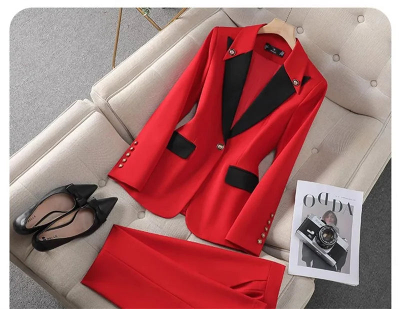 Fashion Red Black Beige Women Pant Suit 2 Piece Set Office Ladies Female Business Work Wear Formal Blazer Jacket And Trouser