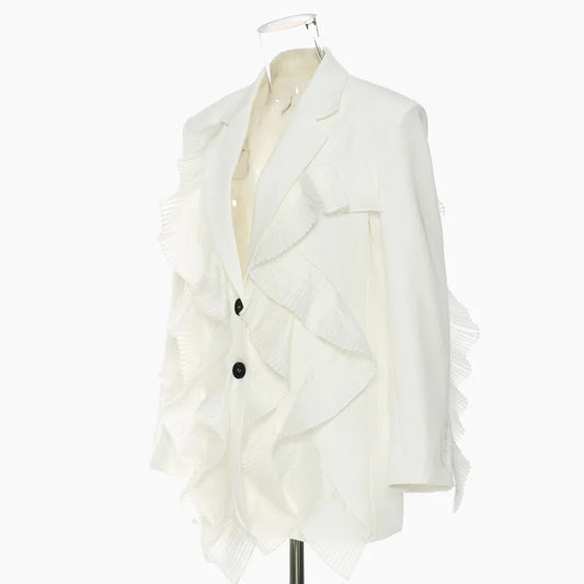 Spring Autumn New Women Blazer Ruffled Patchwork Notched Collar Single Breasted Elegant Temperament High-end Jacket HK18339