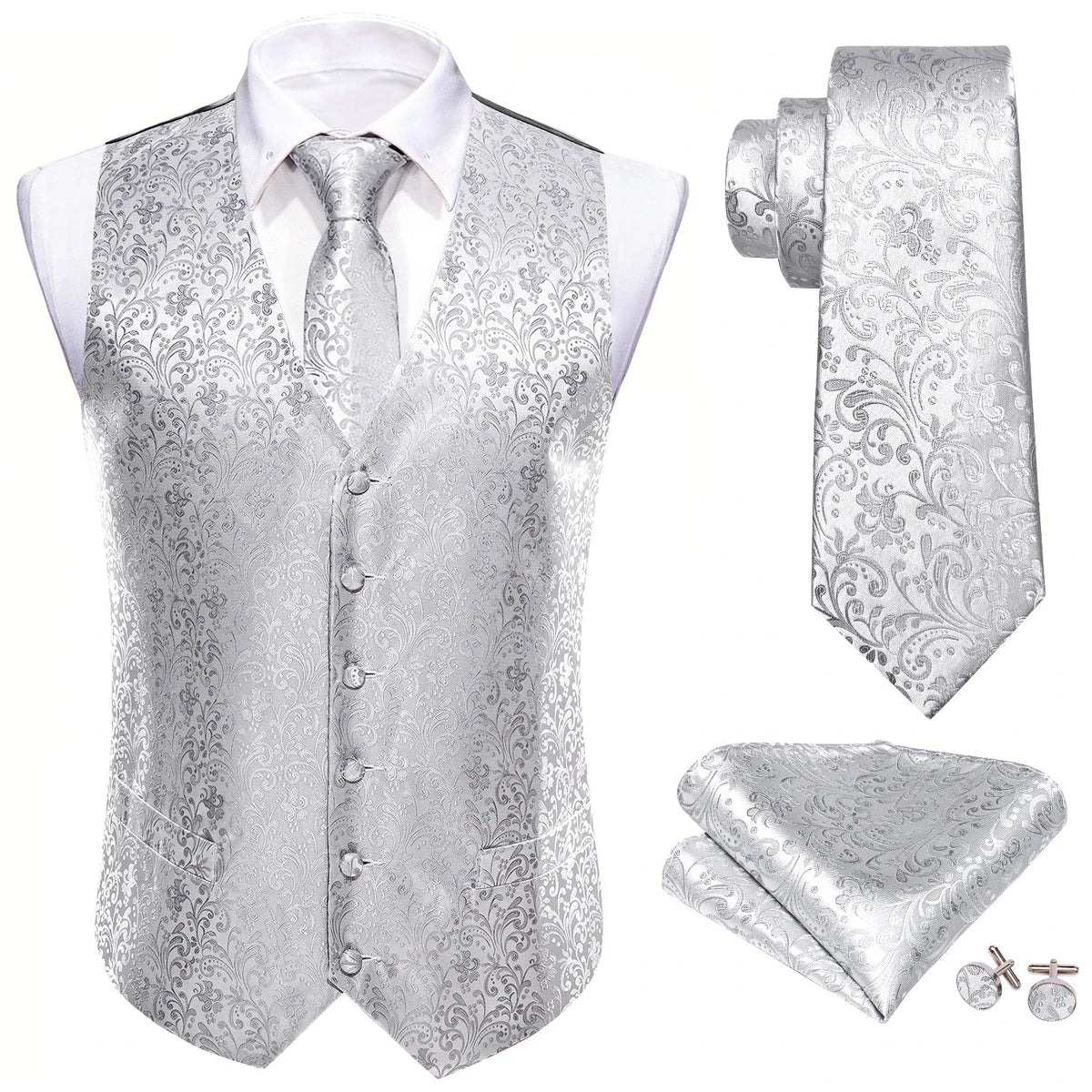 Men's Formal Vest Tie Set 4-Piece Paisley Jacquard Waistcoat for Men Wedding Business