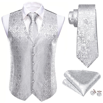 Men's Formal Vest Tie Set 4-Piece Paisley Jacquard Waistcoat for Men Wedding Business