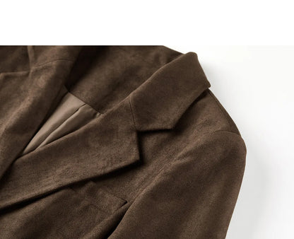 Women's Suede Casual Blazer Notched Lapel Loose Mid Length Outerwear 2026 Autumn New Brown Ladies Coat W63XC8300