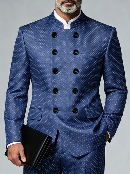 Men's Plus Size Classic Mandarin‑Collar Blazer Fashion Plaid Double‑Breasted Suit Jacket for Men Wedding Business Formal Party