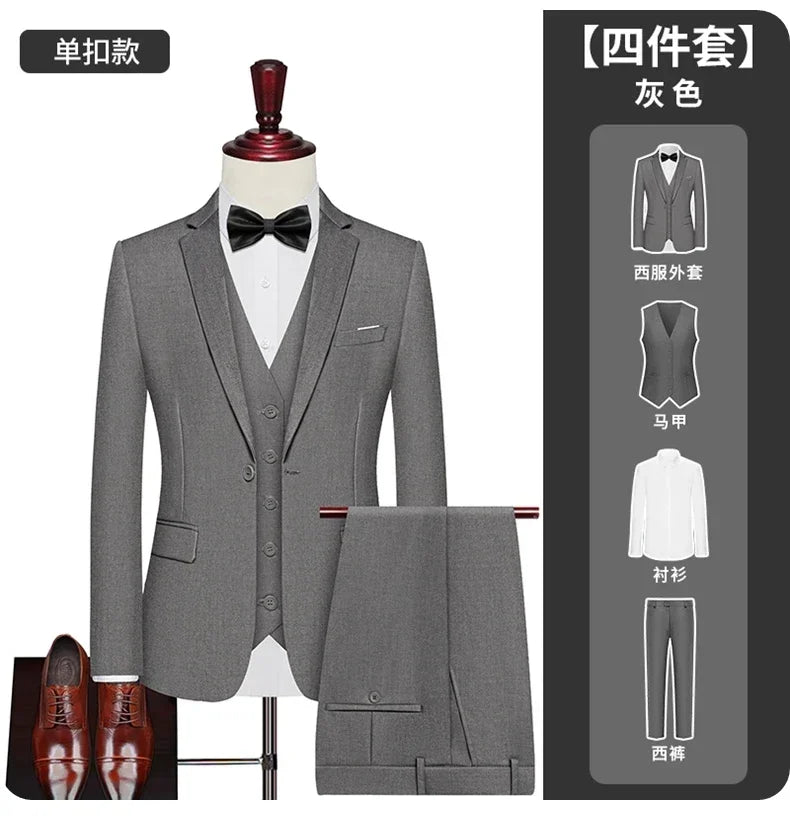 Men's Formal 3-Piece Suit Blazer Vest Trousers Single Breasted Solid Color Wedding Business Wear