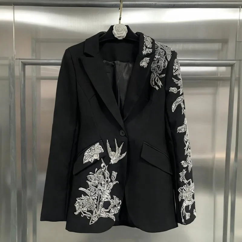 Elegant Black Suit Jacket Women Fashion Beaded Embroidery Designer Single Button New Office Ladies Banquet Luxury Blazers Coat
