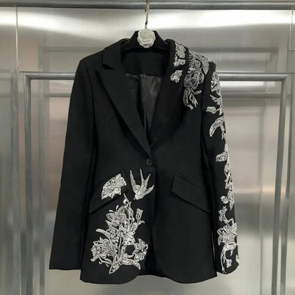 Elegant Black Suit Jacket Women Fashion Beaded Embroidery Designer Single Button New Office Ladies Banquet Luxury Blazers Coat