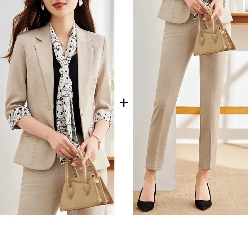 Office Lady Blazer Suits Elegant Women Tied Waist Top and Pant 2 Piece Set Outfit 2025 Trouser Female Business Work Wear