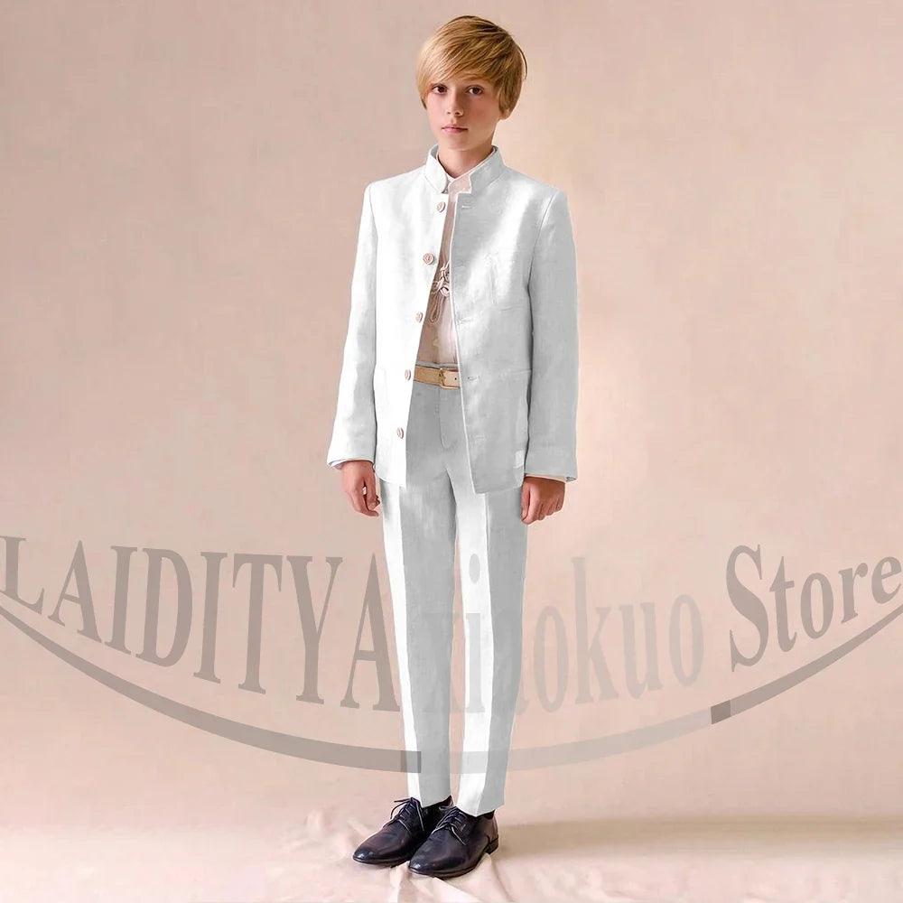 Chic Linen Boy Suits Fashion Stand Collar Single Breasted Blazer with Pants Formal Wedding Tuxedo Daily Casual Kids Clothes