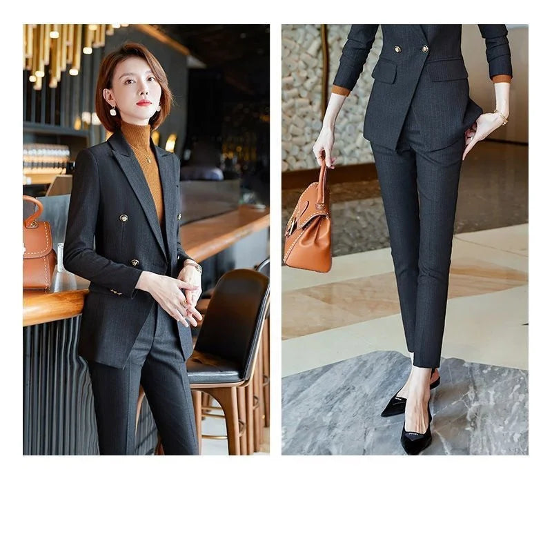 Elegant Office Ladies Two Piece Sets Womens Outifits 2025 New Double Breasted Long Sleeve Blazers Loose Casual Pant Suits