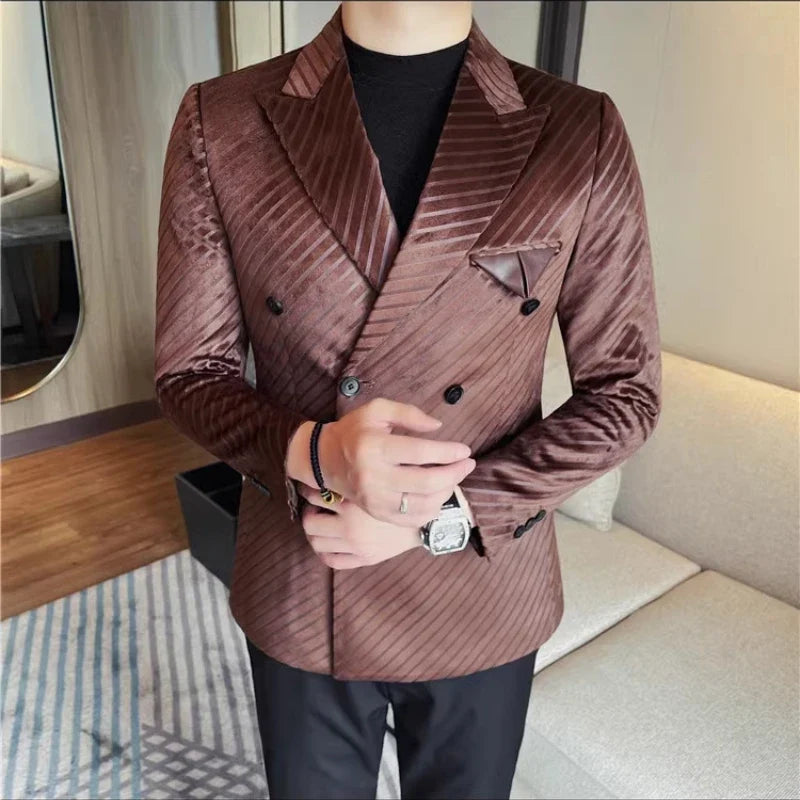 British Style Double Breasted Suit Jacket Men Striped Casual Business Blazers High Quality Wedding Social Banquet Dress Coats