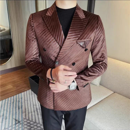 British Style Double Breasted Suit Jacket Men Striped Casual Business Blazers High Quality Wedding Social Banquet Dress Coats