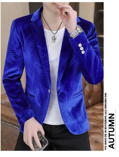 Blazer Men's Fashion Business Gentleman Groom Professional Gentleman Casual Velvet Bamboo Leaf Flower Dress High-end Blazer