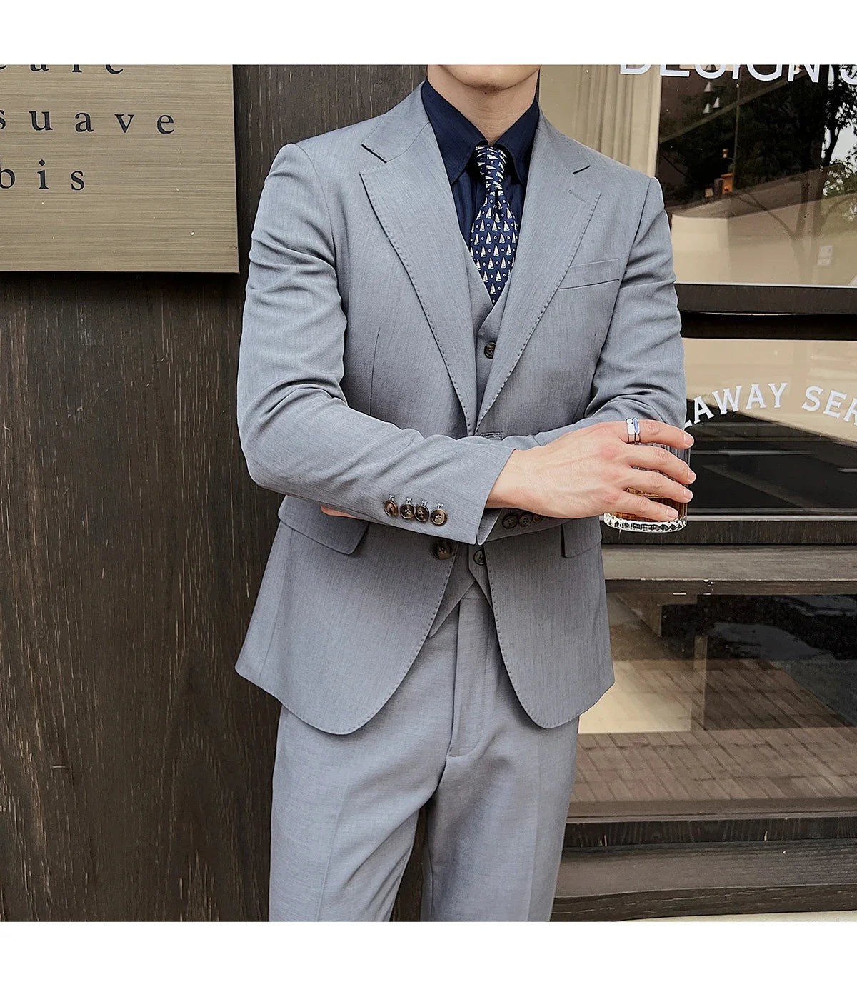 ( Jacket+Vest+Pants ) ltalian Style Luxury High-end Fashion Solid Color Mens Business Slim Suit 3Piece Set Groom Wedding Tuxedo