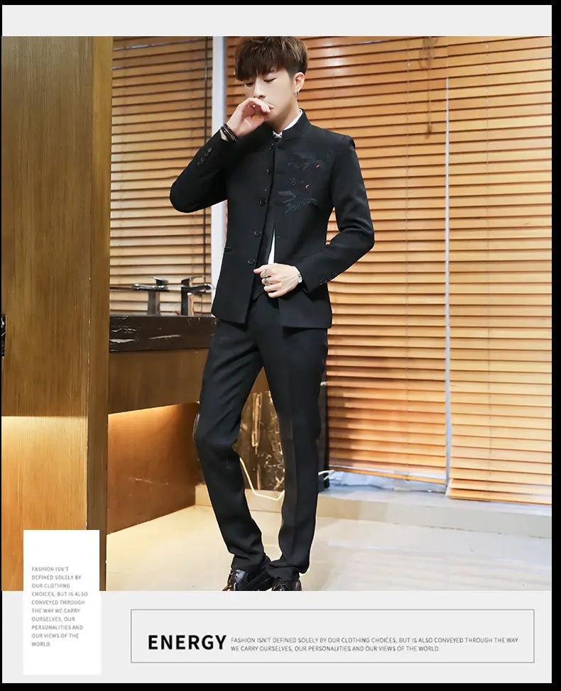 Suit (Blazer + Trousers) Men's Chinese-Style Stand-Up Collar Wedding & Business Suit