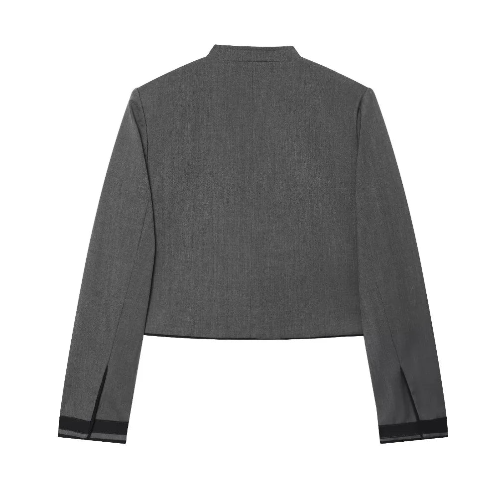 Elegant Chic Frog Fastening Blazers for Women Long Sleeve High Round Neck Blazer with Contrasting Frog Clasp & Cuffs and Pockets