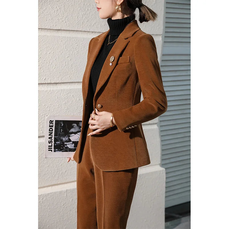 High Quality Fabric Corduroy Formal Women Business Suits OL Styles Professional Pantsuits Office Work Wear Autumn Winter Blazers