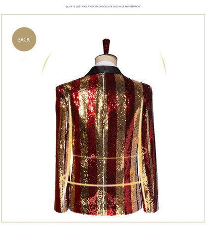 Men's Luxury Sequins Suit Jacket Double Side Stripes Trendy Blazers Banquet Evening Party Singer Host Stage Performance Tuxedo