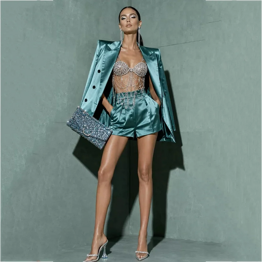 Elegant Satin Suit For Women Double Breasted Oversized Blazer Pleated Shorts Evening Cocktail Party Female Fashion Clothes Set