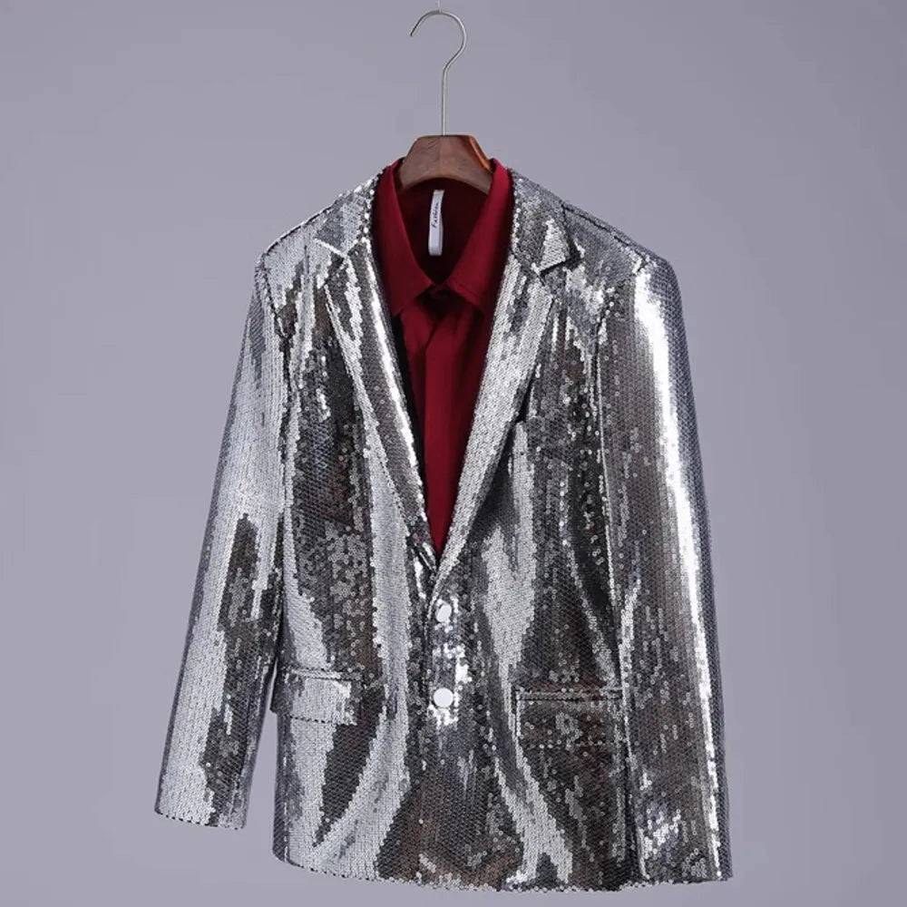 Men's Casual Blazers Suit Jackets Singer Silver Sequins Party Glitter Club Bar Concert Shiny Coat Stage Performance Costume