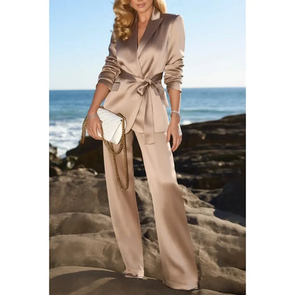 Champagne Satin None Button Peaked Lapel Woman Suits 2 Pieces Blazer+Pants Set Formal Party Sets Office Lady Daily Sets