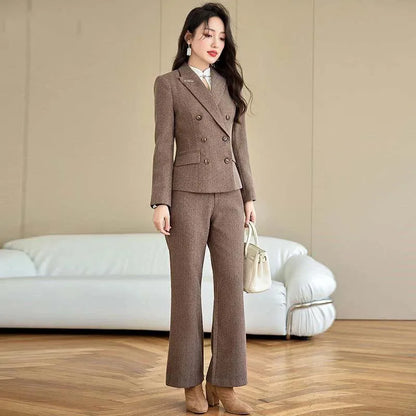 Elegant Lady Wide Leg Pant Sets for Women 2 Pieces Blazer Suit Double Breasted Jacket Trousers Outfit Female Autumn Winter
