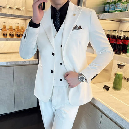 Men's 3 Piece Slim Fit Business Suit Groom Tuxedo With Double Breasted Blazer Vest And Pants For Wedding Party