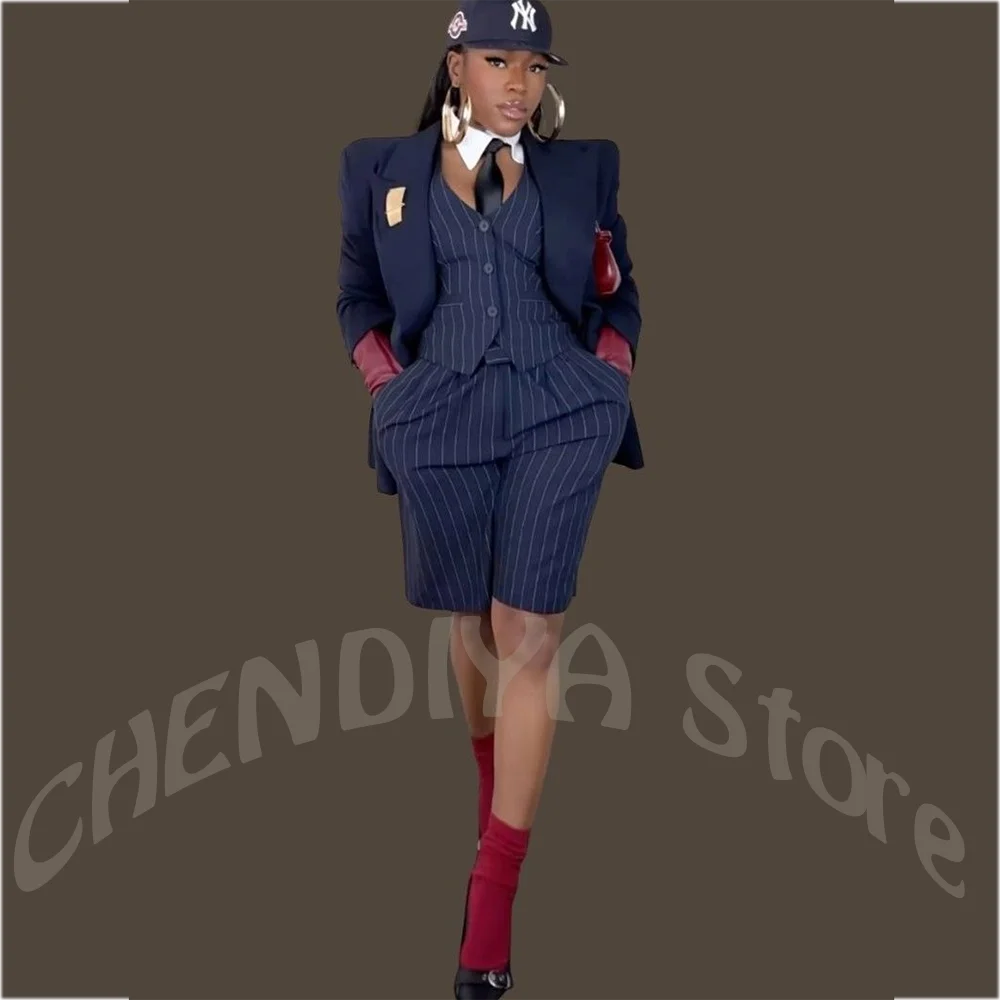 High Sreeet Style Women Suit Three Pieces Peak Lapel Blazer Vest Shorts Unique Design Straight Daily Casual Fashion Clothes Set