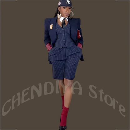 High Sreeet Style Women Suit Three Pieces Peak Lapel Blazer Vest Shorts Unique Design Straight Daily Casual Fashion Clothes Set