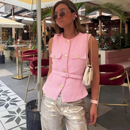 2025 Women's Vest Jackets Cropped Sleeveless Vest Woman Outerwears Belt Summer Casual Coats Black Pink Vest Button Jacket