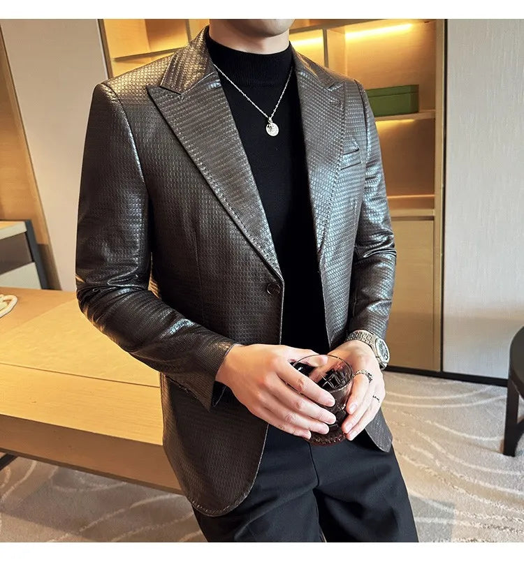 Korean Waffle Leather Suit Jacket Men's Business Casual PU Leather Blazer Slim Fit Wedding Groom Office Social Formal Coats 2026