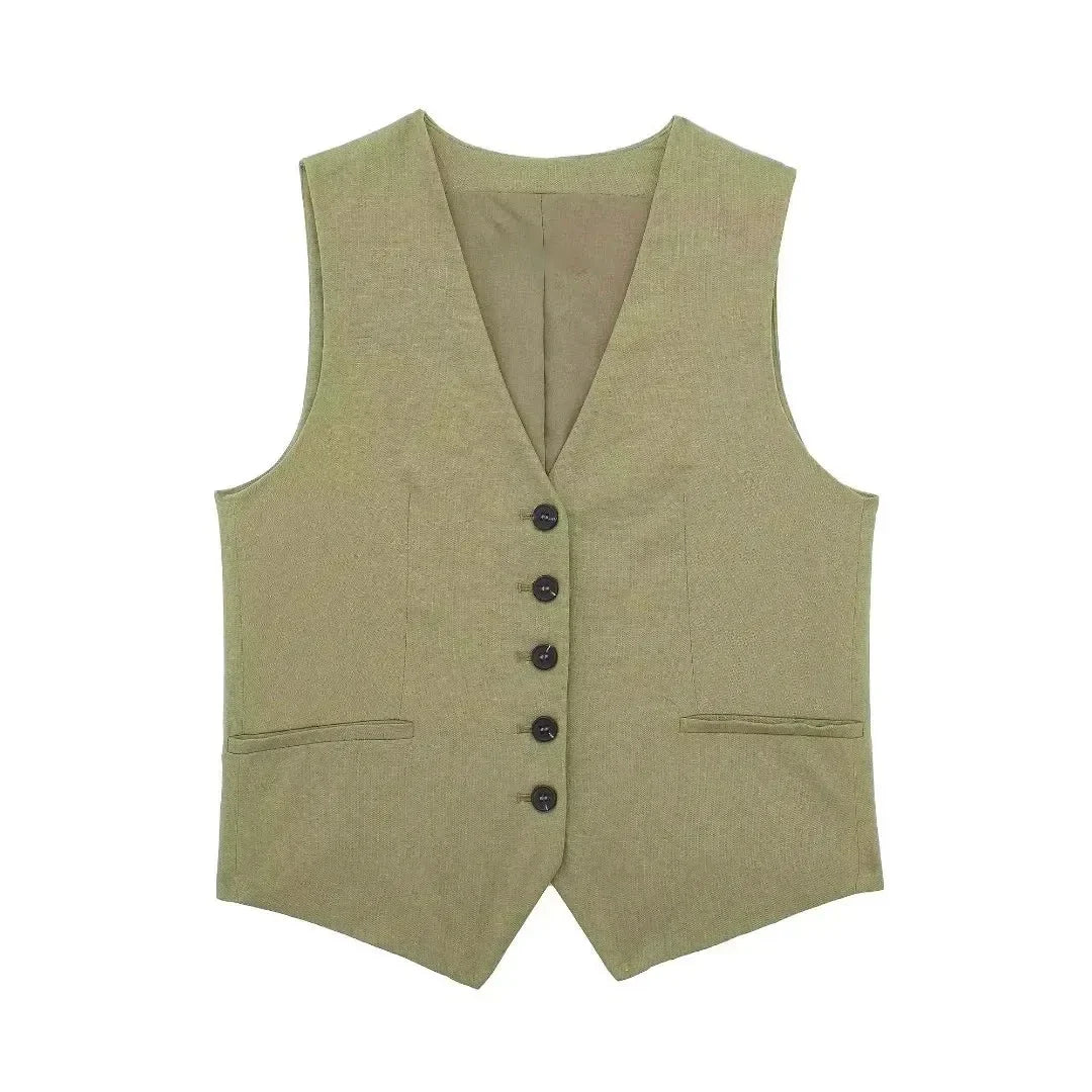 Summer Women Elegant Solid Single Breasted V Neck Casual Vest Top Female Fashion Office Lady Chic Outerwear Vest