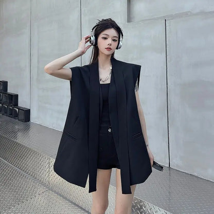 Women Black Blazer Vest Spring Autumn Casual Sleeveless Suits Jacket Female Korean All-Match Blazers Waistcoat Loose Outwear Top