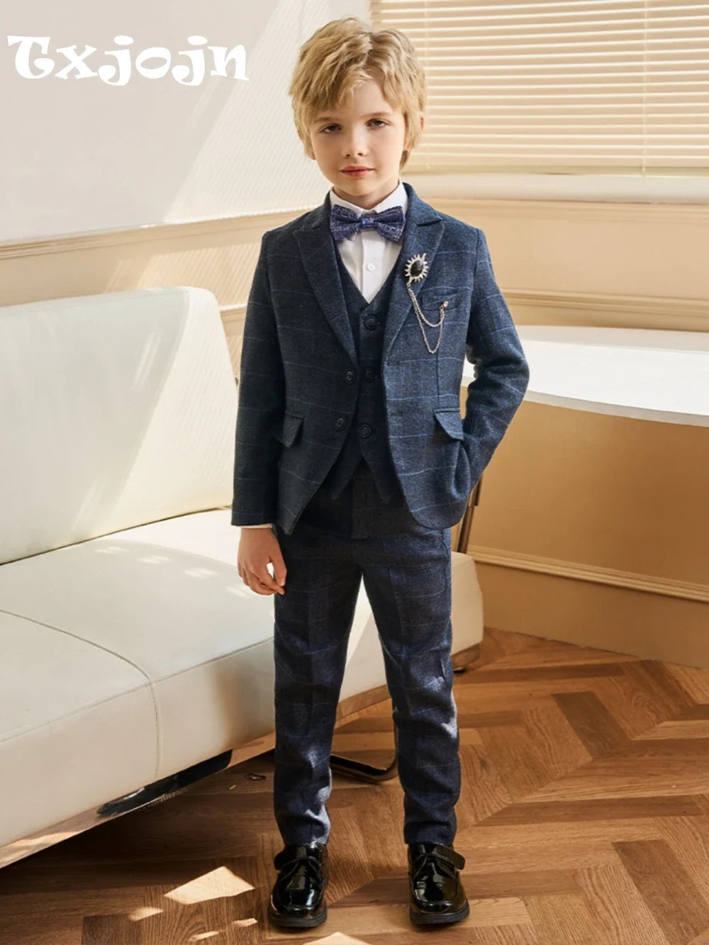 Txjojn Dark Blue Boys Plaid Suit Set 4 Pieces,Formal Long Sleeve Kids Suits For Autumn And Winter,Handsome Children's Tuxedo