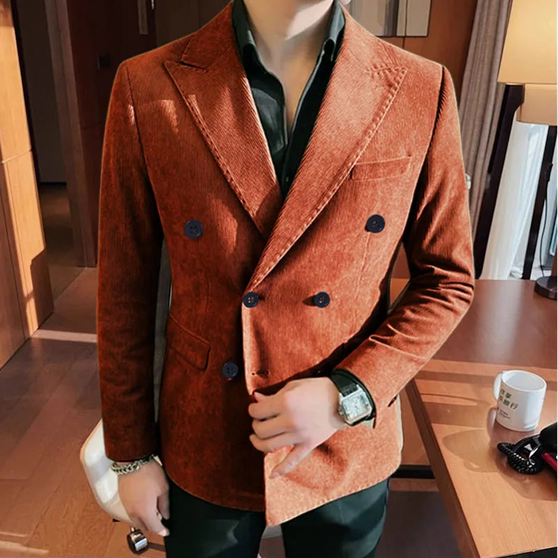 Autumn Winter Corduroy Suit Jacket Purple Man Suit Coat Solid color Double breasted slim fit Suit Man tops