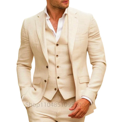 Beige/Blue Linen Suit for Men 3 Pieces Slim Fit Formal Wedding Prom Tuxedos Set Best Man Groom Summer Costume Homme New Design