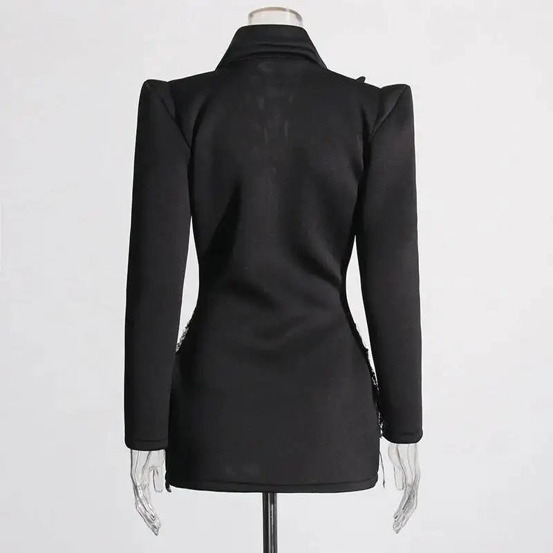 Sexy Socialite Style Blazer Dress 2025 Spring Autumn New Women's Turn-Down Collar Long Sleeve Sequin Diamond Jacket  HK8313