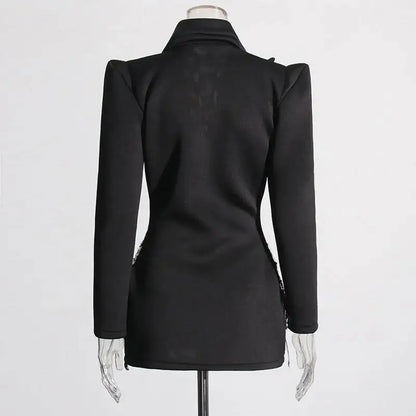 Sexy Socialite Style Blazer Dress 2025 Spring Autumn New Women's Turn-Down Collar Long Sleeve Sequin Diamond Jacket  HK8313