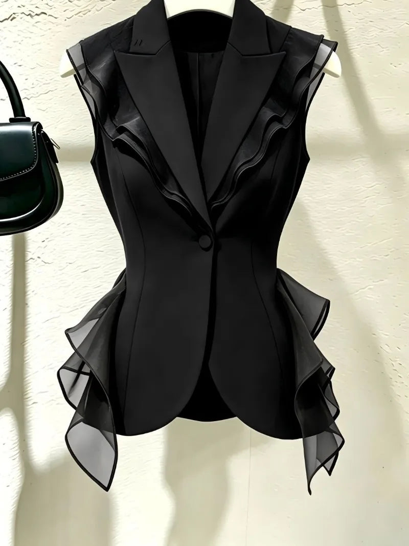 2026 New Black Suit Vest Female Summer Korean Fashion Spliced Flounces Sleeveless Blazers Jacket Waistcoat Women Outerwear Tops