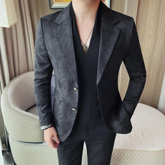 Luxury Jacquard Casual Suit Jacket for Men Autumn Korean Fashion Business Social Blazers Handsome Office Wedding Dress Jacket