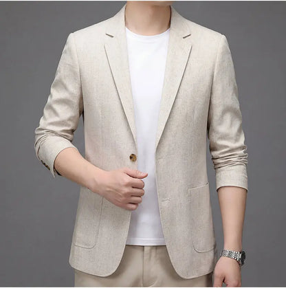 Men's Premium Thin Blazer Spring Summer Solid Color Breathable Cotton Linen Blend Business Casual Jacket Minimalist Office Urban