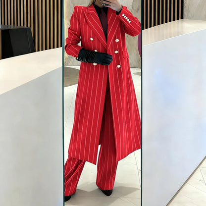 Burgundy Women's Suits Pinstripe Double Breasted Peaked Lapel Long Coat+Pants Set Elegant Formal Office Evening Party Outfit