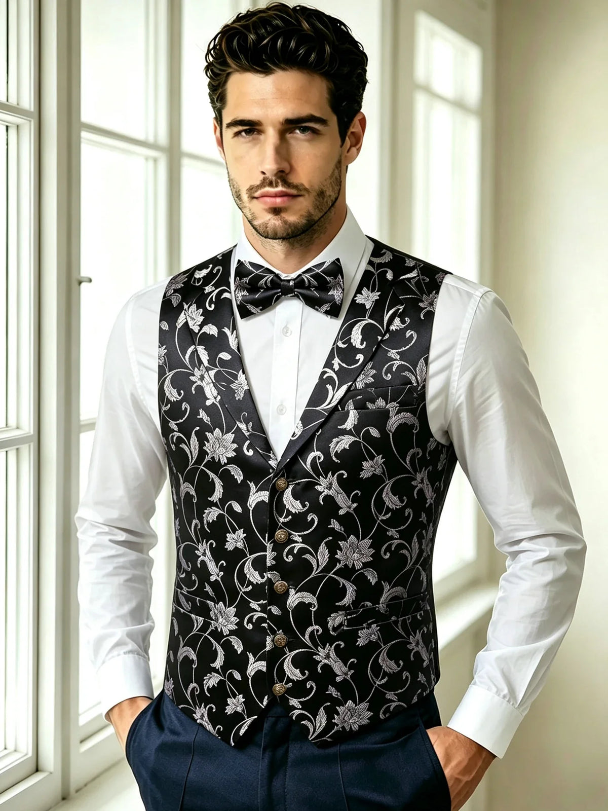 Men's Red Jacquard Floral Vest Notched Lapel Collar – Formal Waistcoat & Bowtie Set