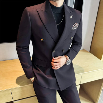 (Jackets+Pant) High Quality Dark Striped Double Breasted Suit Luxury Men Fashion Elegant Tuxedo Formal Groom Wedding Social Suit