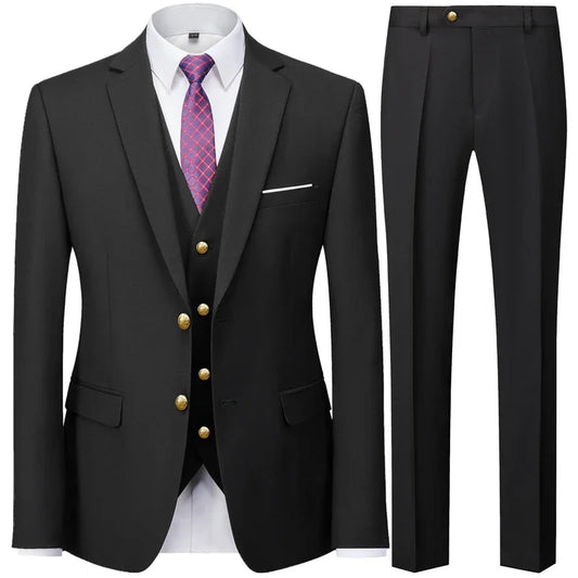Smart Casual 3 Pieces Fashion Men's Business Suit Groom Male Tuxedos Two Gold Buttons Notch Lapel Blazers Vest Pants Full Set
