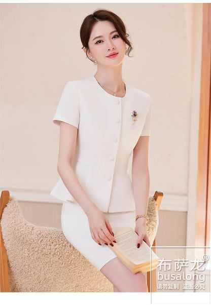 2025Summer Blue Short Sleeve Blazer Suit Professional Women's Skirt Set Short Skirt Elegant Fashion Formal Workwear