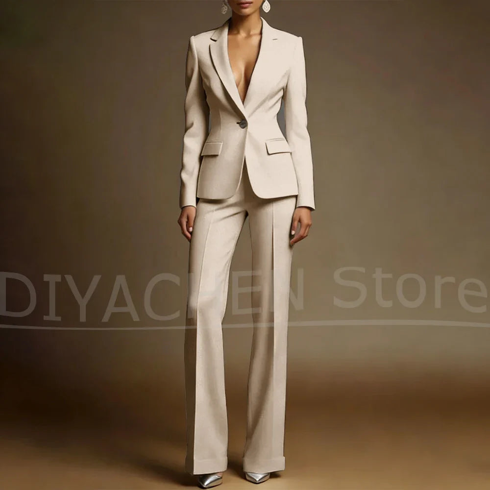 Women's White Suit Set Slim Fit Two Piece Jacket and Wide Leg Pants Office Casual Formal Occasions Elegant Female Outfit