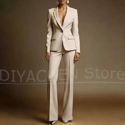 Women's White Suit Set Slim Fit Two Piece Jacket and Wide Leg Pants Office Casual Formal Occasions Elegant Female Outfit